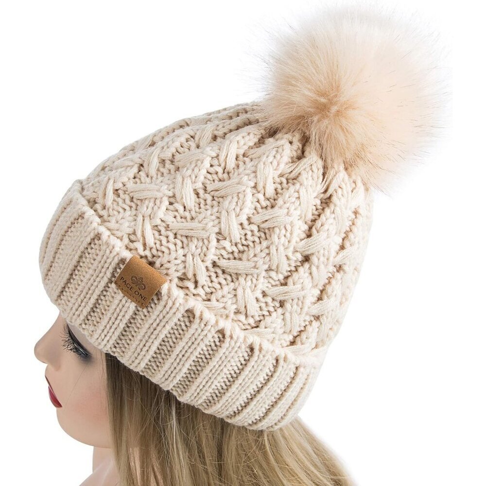 Women’s Beige Winter Ribbed Beanie Hat Chunky Cable Knit Pompom Warm - Picture 3 of 6